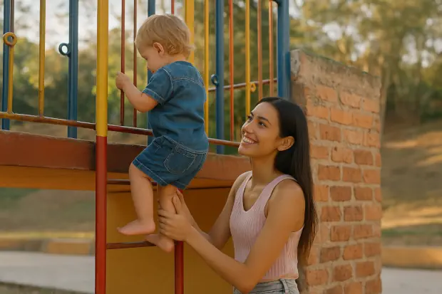 Chica ayudando a un niño escalar