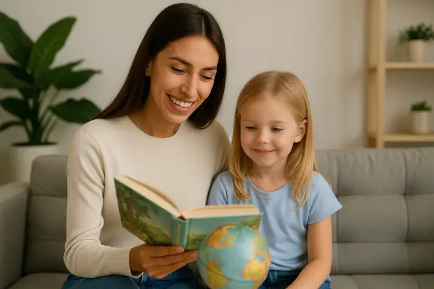 Joven leyendo con entusiasmo un libro a una niña en un sofá durante su experiencia como au pair en Alemania