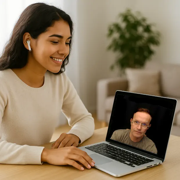 Videollamada de asesoramiento Au Pair: una joven latina de unos 20 años sonríe con naturalidad mientras participa en una reunión virtual desde su casa. En la pantalla de su portátil aparece el asesor