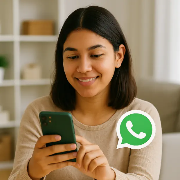 Joven latina usando su celular y chateando por WhatsApp como parte del acompañamiento continuo en su proceso de Au Pair.