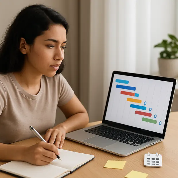 Joven latina planificando su programa Au Pair frente al portátil, revisando un cronograma con hitos y tomando notas en su cuaderno.