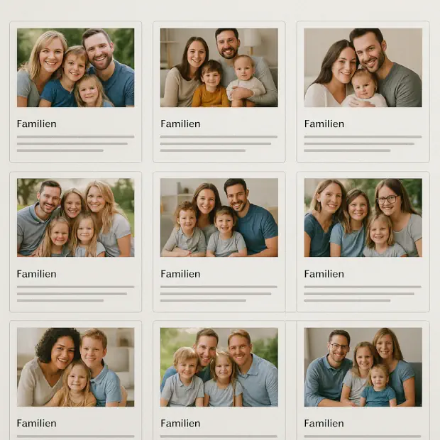 Página con varios perfiles de familias anfitrionas alemanas, cada uno con foto de padres e hijos y líneas de texto simuladas, representando las opciones que se presentan a las Au Pairs.
