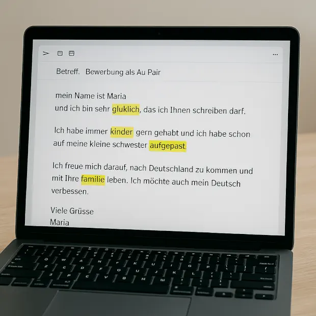 Correo electrónico en alemán mostrado en un portátil, con errores ortográficos resaltados en amarillo como parte del proceso de corrección.