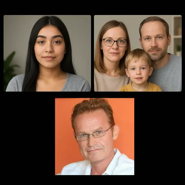 Videollamada de primera entrevista Au Pair con tres ventanas iguales sobre fondo negro: una joven latina, la familia anfitriona alemana y el moderador que brinda apoyo.