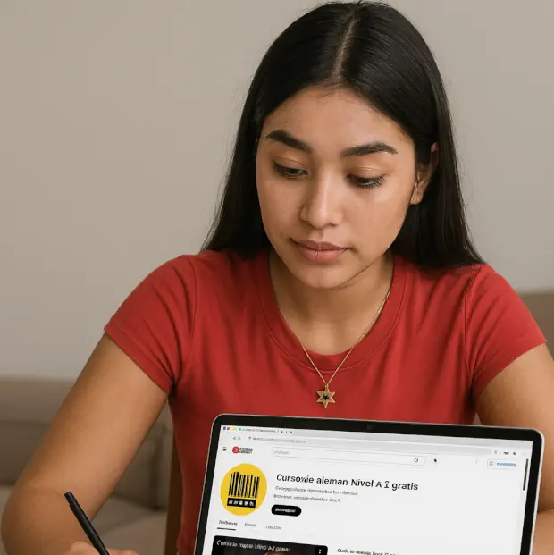 Joven latina estudiando en casa con un tablet frente a ella, en cuya pantalla aparece el logo de Alemán Claro y el texto Curso de Alemán Nivel A1 gratis, mientras toma notas en un cuaderno.