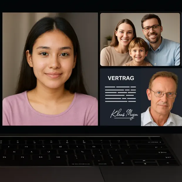 Videollamada en la pantalla de un portátil con tres ventanas: una joven latina, un moderador y la familia anfitriona, junto a un contrato digital titulado Vertrag, sobre un teclado visible.