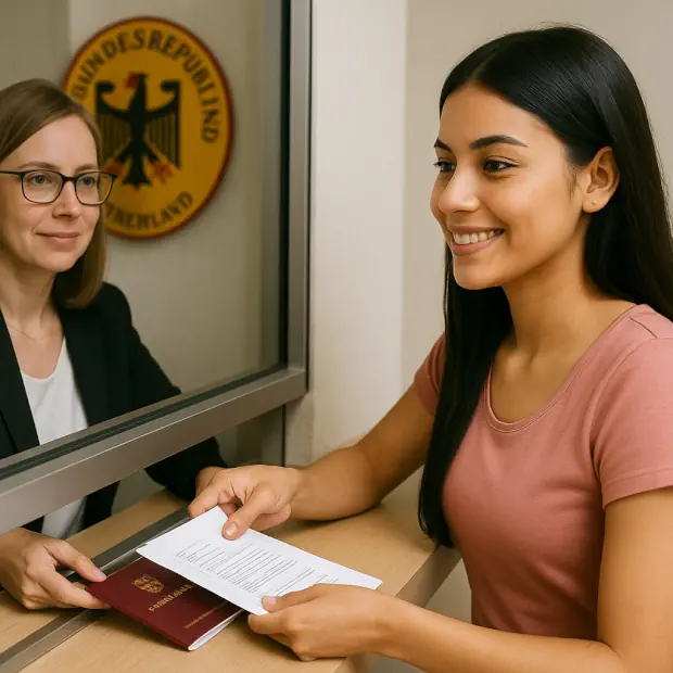 Joven latina entregando su pasaporte y documentos en la ventanilla de la Embajada de Alemania en Bogotá, atendida por una funcionaria que recibe los papeles en un ambiente cordial y profesional.