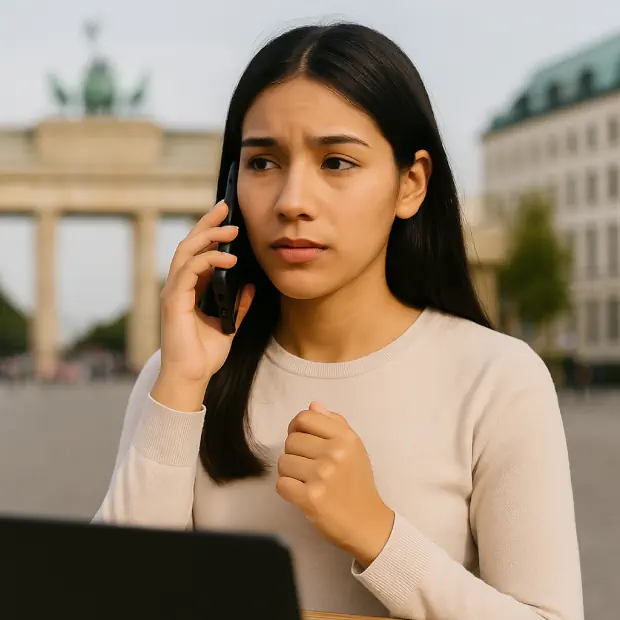 Joven latina en Alemania hablando por teléfono móvil frente a la Puerta de Brandeburgo, con expresión preocupada pero esperanzada, recibiendo apoyo de su agencia Au Pair.