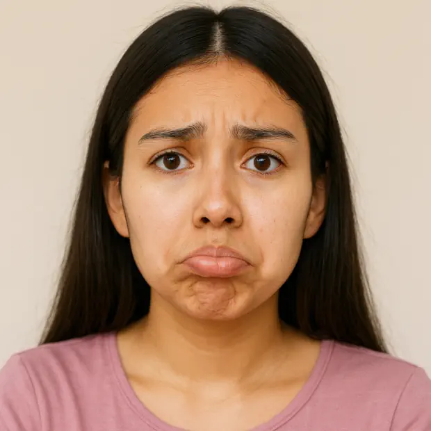 Joven latina haciendo una cara de perro, con el labio inferior adelantado y expresión triste de manera intencional y graciosa.