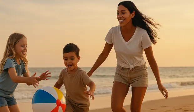 Au pair jugando con dos niños a la pelota de playa en la orilla del mar.