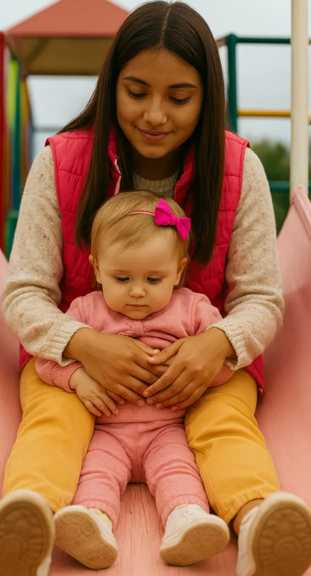 Au pair con un niño sentado en la parte superior de un tobogán, listos para deslizarse.