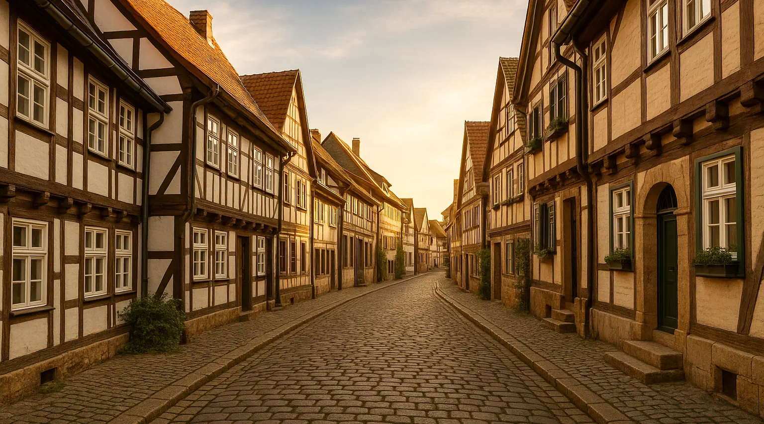 Calle empedrada con casas de entramado de madera típicas de Alemania al atardecer, transmitiendo la idea de un nuevo comienzo.