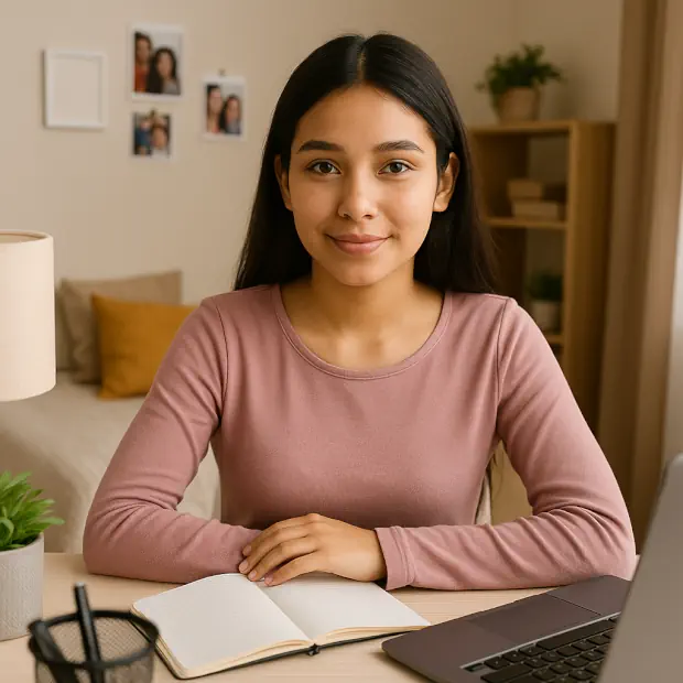 Joven latina sentada en su habitación Au Pair, con escritorio, cuaderno y fotos personales en la pared, transmitiendo un espacio privado y acogedor.