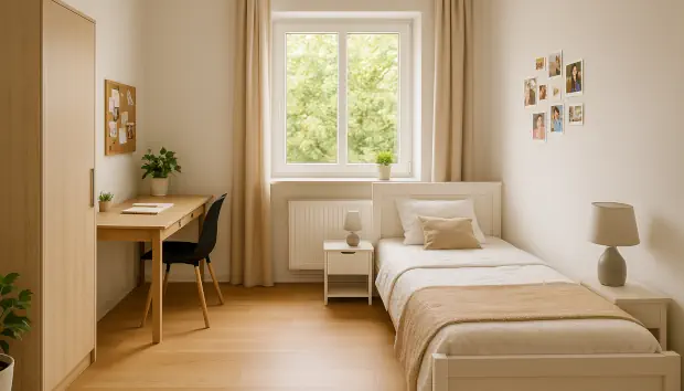 Habitación de Au Pair luminosa y acogedora, con cama individual, escritorio con lámpara, ventana con cortinas claras y detalles personales como fotos y plantas.