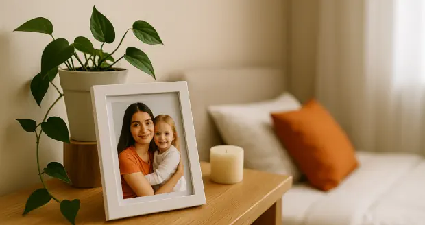 Detalle acogedor de la habitación de un Au Pair con una mesa de noche que tiene una lámpara, una planta, una vela y un portarretratos con una foto familiar, al fondo la cama con cojines.