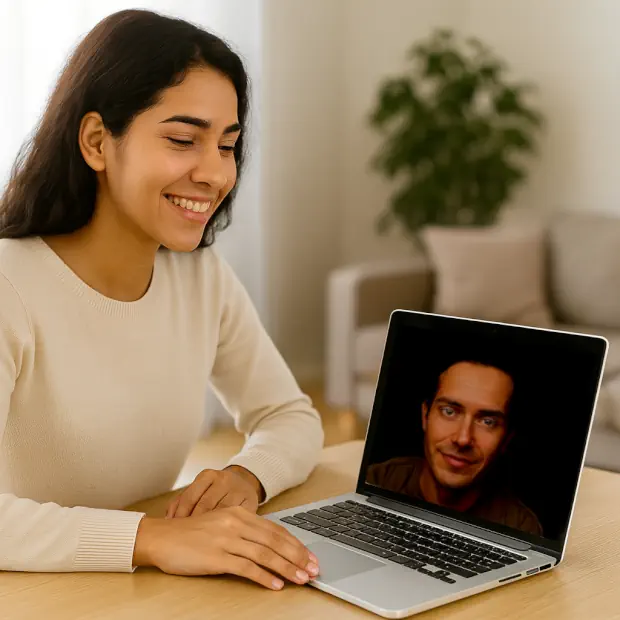 Videollamada en un portátil entre un asesor y una au pair, en un ambiente cordial y profesional, representando la asesoría personalizada de la agencia Au Pair.