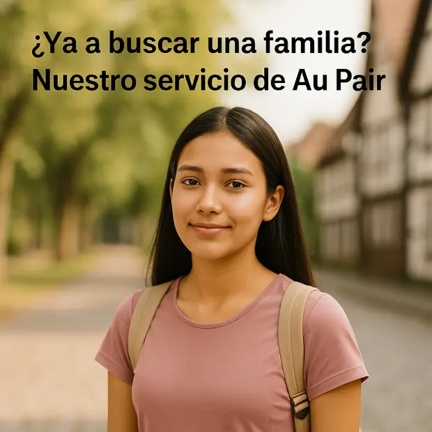 Joven latina mirando hacia adelante con expresión motivada y optimista, lista para comenzar su viaje como Au Pair a Alemania.