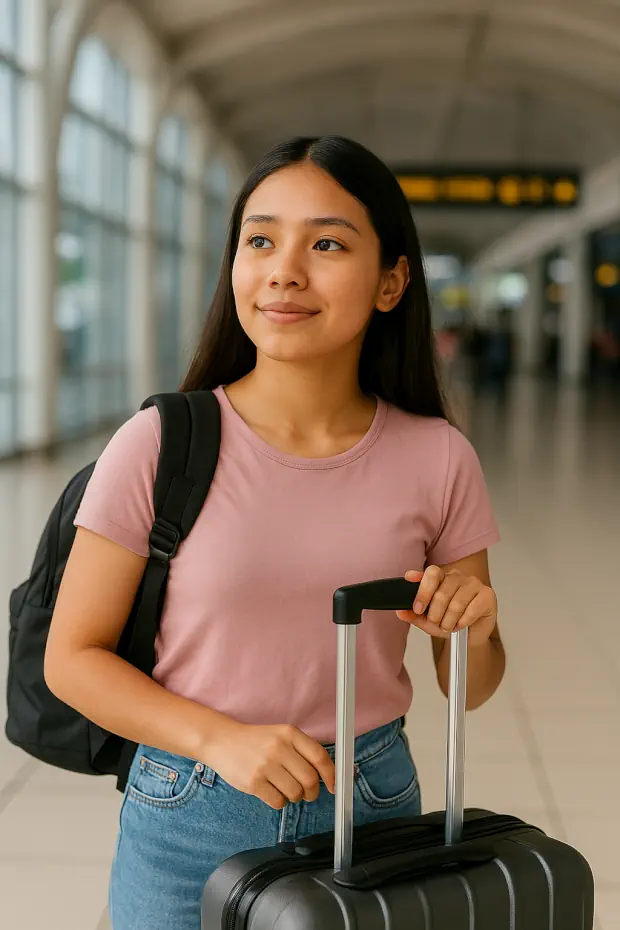 En el terminal de un aeropuerto, una joven sonríe con su maleta lista para iniciar la experiencia Au Pair en Alemania.