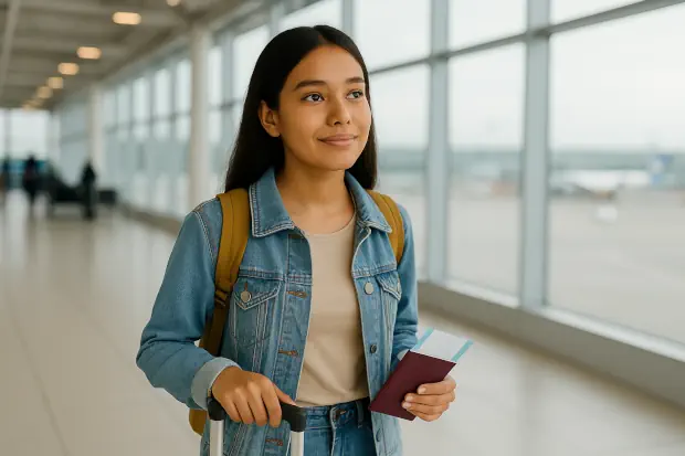En el aeropuerto, una joven con maleta y pasaporte observa el panel de salidas con expresión serena y expectante, lista para iniciar su experiencia como Au Pair en Alemania.