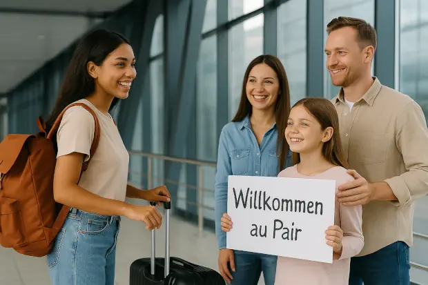 En el aeropuerto, una joven recién llegada con maleta es recibida por una familia anfitriona alemana sonriente que sostiene un cartel de bienvenida.