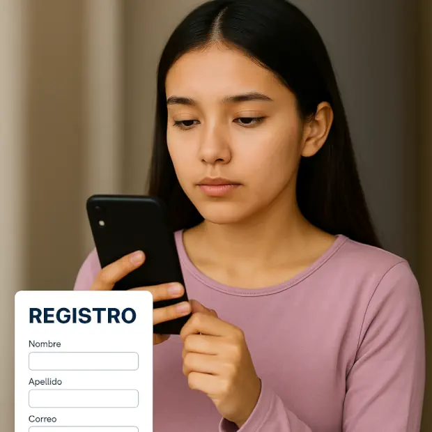Chica joven usando su smartphone para llenar un formulario de registro en línea, observando la pantalla con expresión neutral y concentrada.