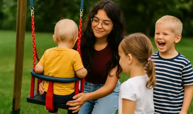 Joven au pair paseando con niños en un parque, combinando responsabilidad con un ambiente relajado.