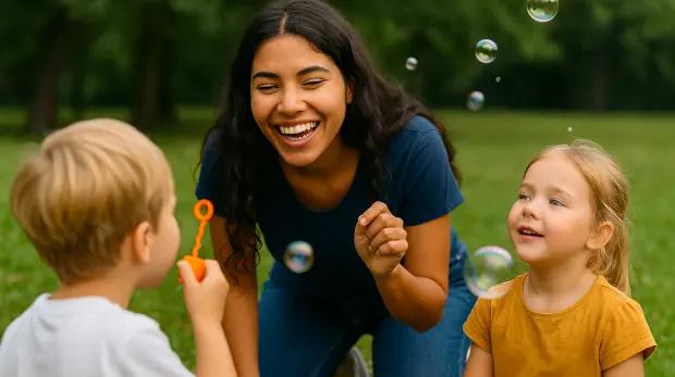 Joven latina jugando con dos niños en un parque mientras hacen burbujas de jabón, escena alegre y familiar que refleja la vida cotidiana de un Au Pair.