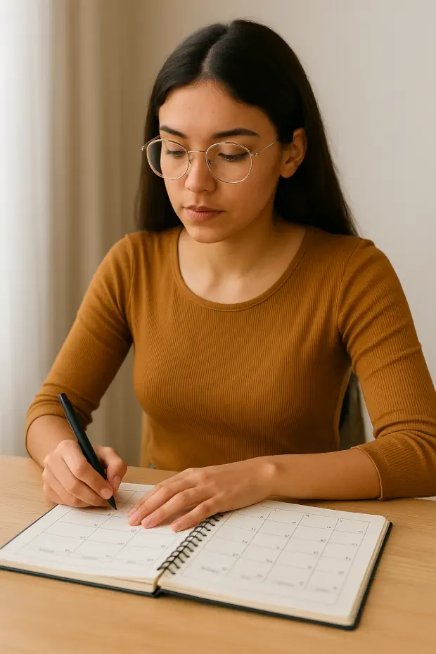 Joven au pair latina con gafas escribe concentrada en un calendario abierto, tomando notas sobre la duración de su estancia en Alemania.