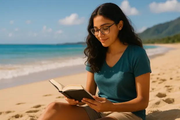 Au Pair en la playa leyendo un libro durante su tiempo libre, disfrutando de un momento de descanso en un entorno relajado