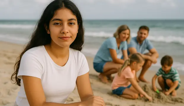 Joven au pair latina en la playa, mirando tranquila a la cámara, mientras una familia alemana con dos niños juega y construye un castillo de arena en el fondo.