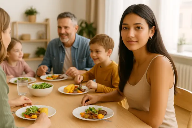 Joven au pair latina sentada en la mesa junto a una familia alemana durante la cena, integrada en la convivencia familiar cotidiana.