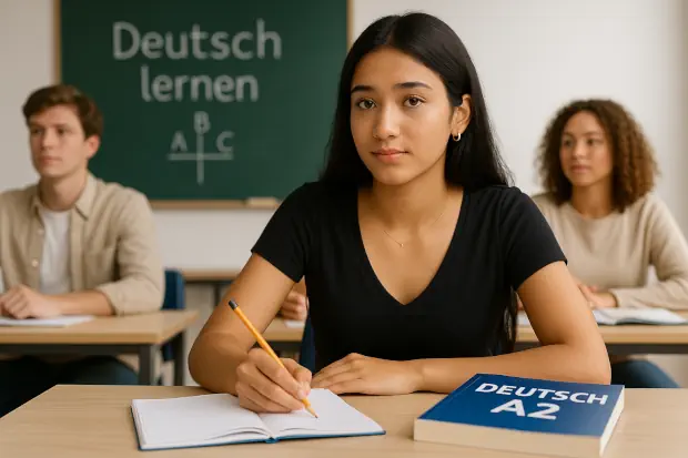 Joven au pair en clase de alemán, con libro marcado “Deutsch A2”, tomando apuntes con expresión seria y concentrada.