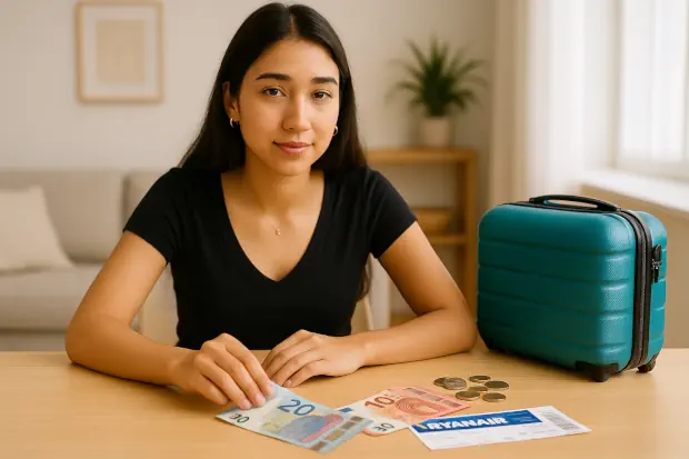 Joven au pair latina con maleta pequeña, billete de avión y euros sobre la mesa, simbolizando dinero de bolsillo y gastos de viaje.