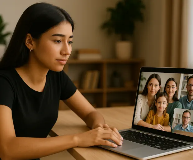 En reunión virtual con una agencia de intermediación, revisando opciones de familias anfitrionas y contratos.