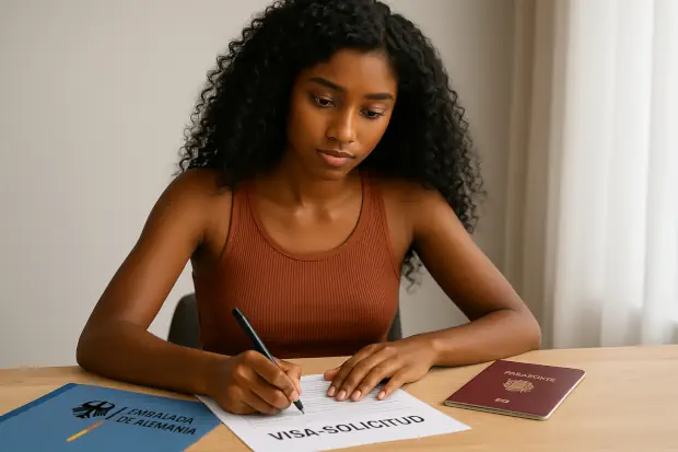 Una joven au pair latina de piel morena y cabello rizado conversa en una oficina de la embajada alemana mientras entrega sus documentos para solicitar la visa, representando el proceso oficial para Au Pairs de terceros países.