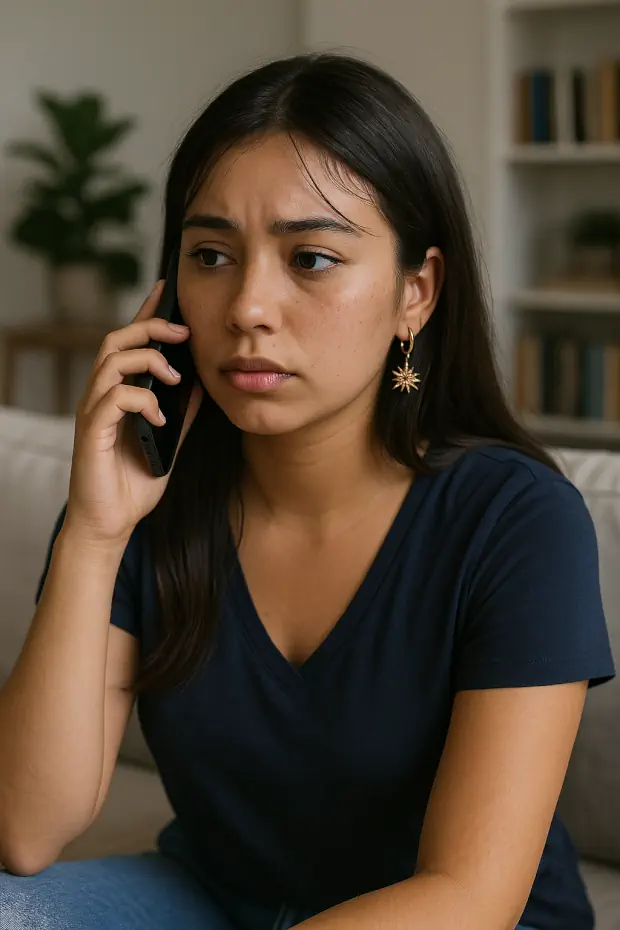 Joven au pair de 18–22 años llama a la línea de emergencia desde su móvil, con gesto preocupado.