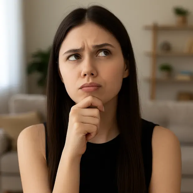 Joven futura au pair pensativa, con la mano en el mentón y la mirada hacia arriba, reflexionando si ser Au Pair es lo correcto para ella.