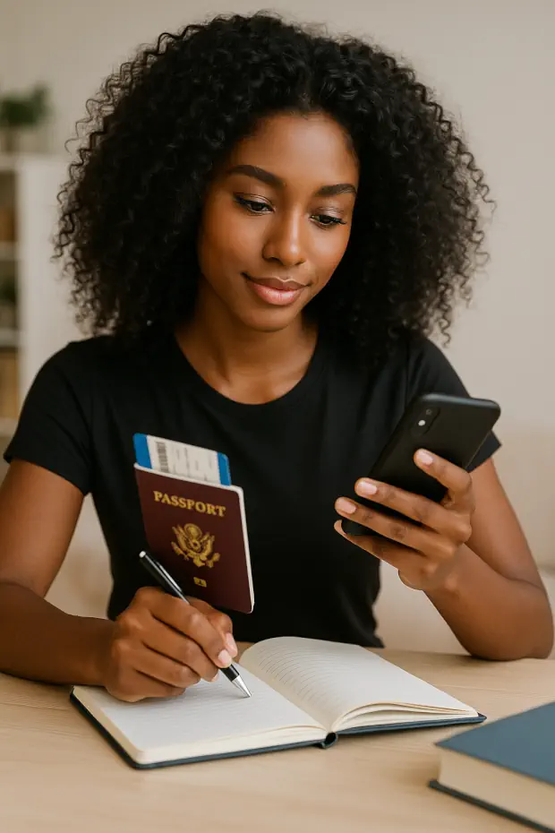 Joven au pair de piel oscura con cabello rizado revisa su teléfono mientras sostiene pasaporte y bolígrafo, anotando planes de viaje en un cuaderno.