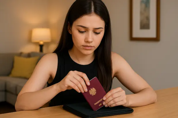 Joven au pair guardando su pasaporte y documentos en una carpeta, preparándose con responsabilidad para su estadía en el extranjero.