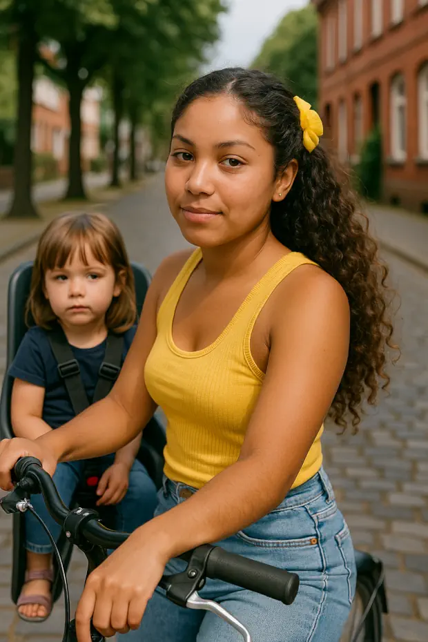 Au Pair latina lleva a un niño en bicicleta por una calle europea adoquinada, mostrando una alternativa segura sin necesidad de licencia de conducir