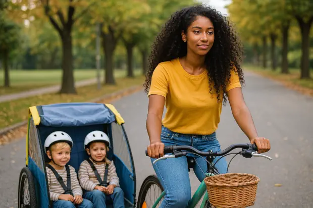 Joven au pair morena con el cabello rizado monta en bicicleta por una calle arbolada, llevando un remolque azul con dos niños pequeños sentados y con cascos de seguridad.