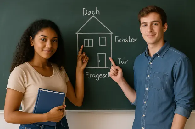 Dos jóvenes estudiantes presentan en clase frente a una pizarra con el dibujo de una casa, señalando con los dedos partes como la puerta y las ventanas, mientras explican en alemán.