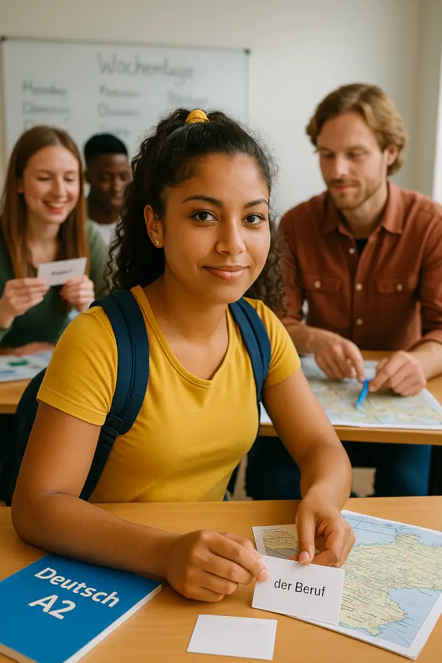 Una joven au pair latina estudia en un curso de alemán nivel A2, rodeada de otros estudiantes internacionales en un aula, usando tarjetas de vocabulario y un mapa.