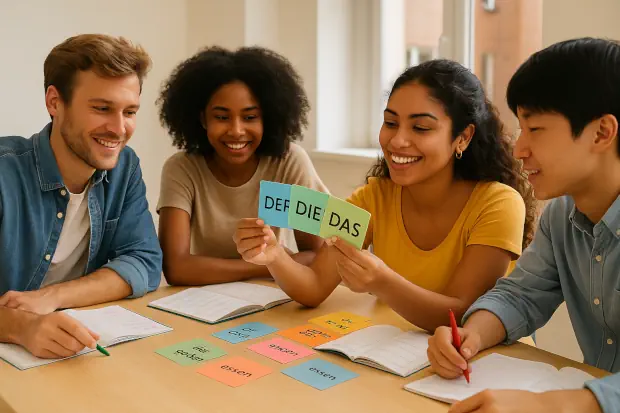 Jóvenes internacionales en un curso de alemán en Alemania, trabajando en grupo con cuadernos y hojas de ejercicios, conversando sobre un tema de nivel A2/B1 en un ambiente de aprendizaje colaborativo.