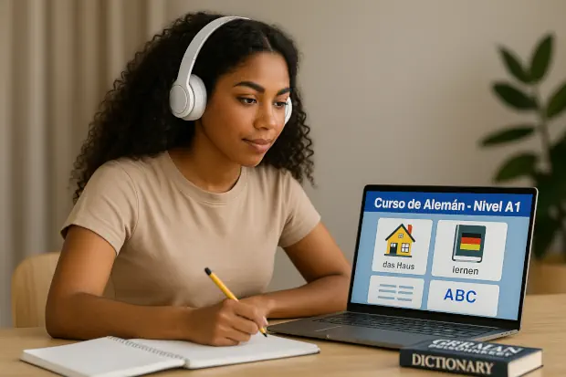 Una joven au pair morena estudia alemán en su habitación, concentrada frente a su portátil con apuntes y un cuaderno de gramática en la mesa.