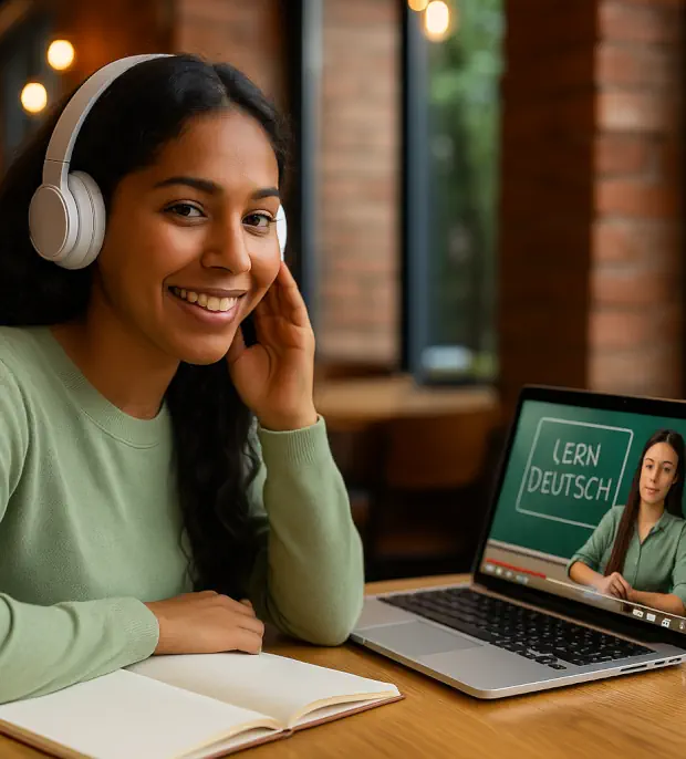 Joven au pair latina con auriculares, tomando un curso de alemán en línea en un café, con un cuaderno abierto para tomar notas.