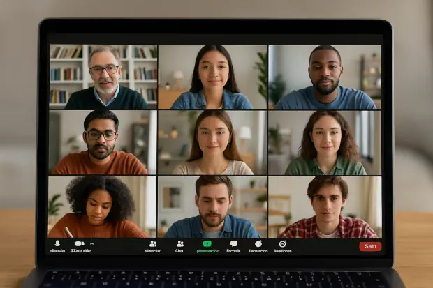 Captura de pantalla de una clase virtual  con nueve participantes y un profesor, todos atentos y concentrados en la sesión.