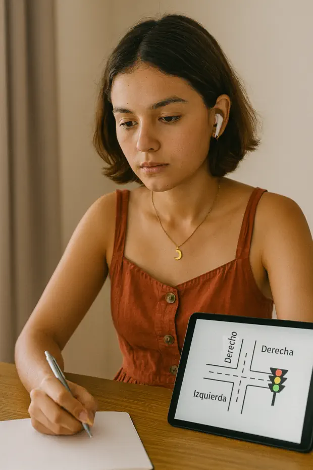 Una joven latina con vestido floral y collar de conchas sentada frente a una mesa, observa un tablet sin teclado donde aparecen palabras en alemán como „links“, „rechts“, „geradeaus“ y „Ampel“, practicando direcciones en una clase virtual.