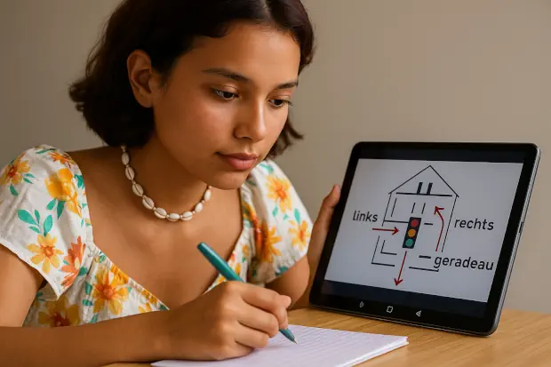 Una joven latina con vestido floral y collar de conchas sentada frente a una mesa, observa un tablet sin teclado donde aparecen palabras en alemán como „links“, „rechts“, „geradeaus“ y „Ampel“, practicando direcciones en una clase virtual.