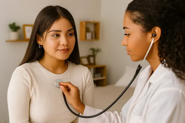 Junges Au-pair-Mädchen sitzt in einer Arztpraxis im Gespräch mit einer Ärztin, um sich über Krankenversicherung und medizinische Absicherung in Deutschland zu informieren.